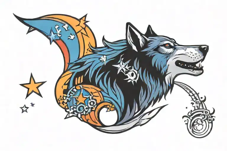 Crescent Moon With Lonestar And Howling Wolf Head Profile Holding