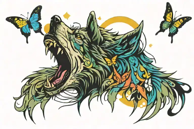 Broken Wolf Howling At A Moon With A Butterfly Emerging