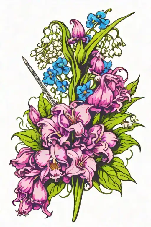 Knitting Needles Against The Background Of Lily Of The Valley And Cornflowers