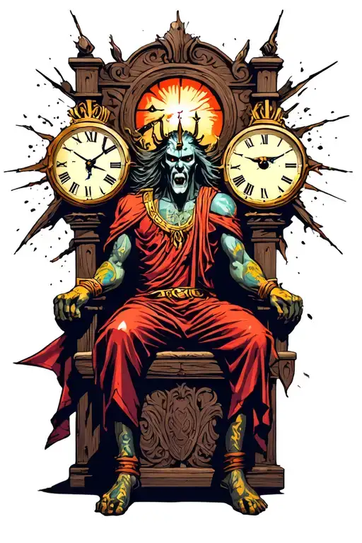 Hades Greek Good Sitting On Throne With Broken Clocks And The All Seeing Eye