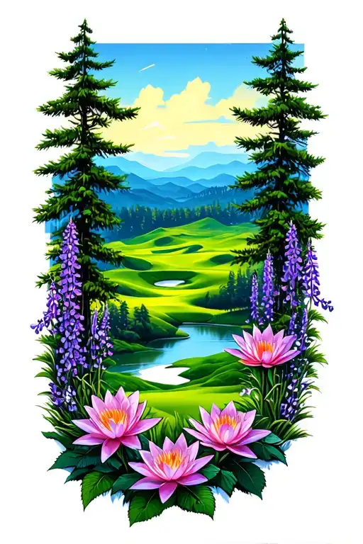 Golf Course Landscape Rolling Hills Flowers Pine Trees Water Lily Larkspur