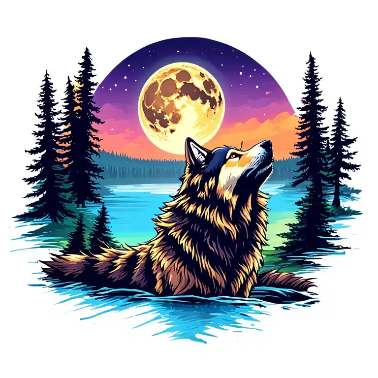 Adult Wolf Howling At The Moon In The Distance With Forest Lake Behind