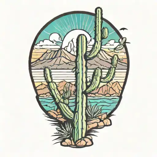 Graffiti Style Arizona Saguaro Cactus With Mountain In Background Color