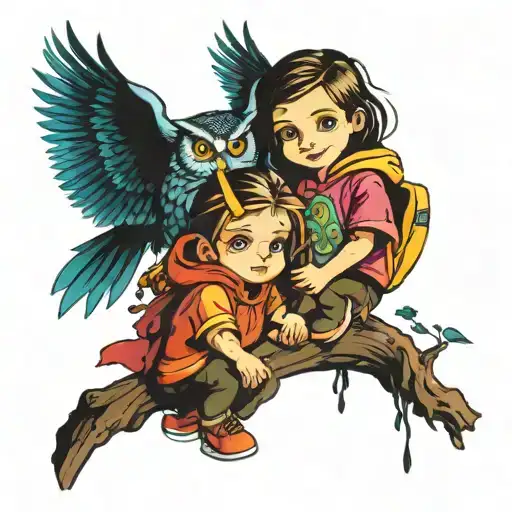Girl And Boy Guided By An Owl