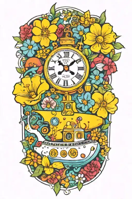 Yellow Submarine With Flowers Colorful And Clocks