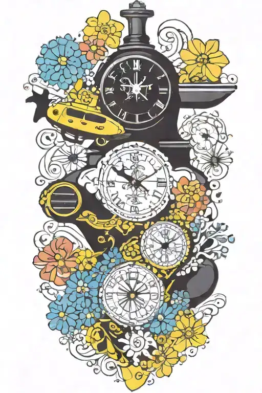 Yellow Submarine With Flowers Colorful And Clocks