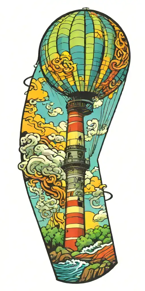 Hot Air Balloon And A Lighthouse In Hurricane