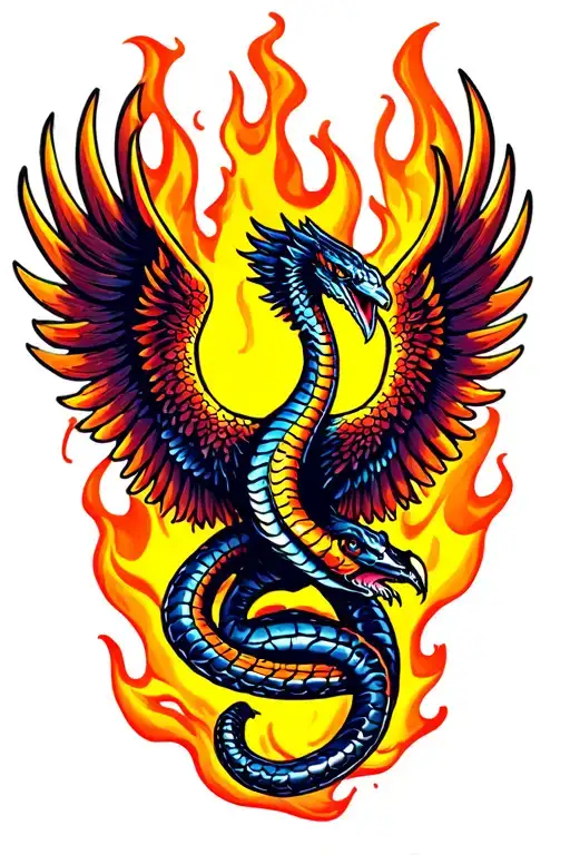 Cobra With Phoenix Wings Rising From Flames