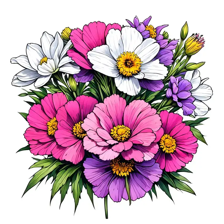 Purple Carnation Pink Cosmos White Daffodil Flowers