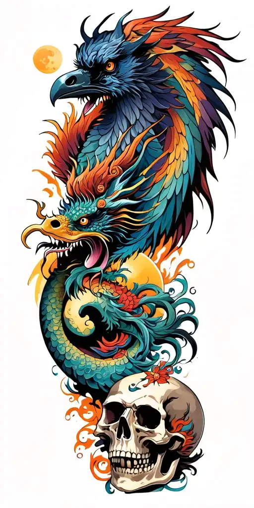 Chinese Dragon And Phoenix And Skull And Moon And Raven