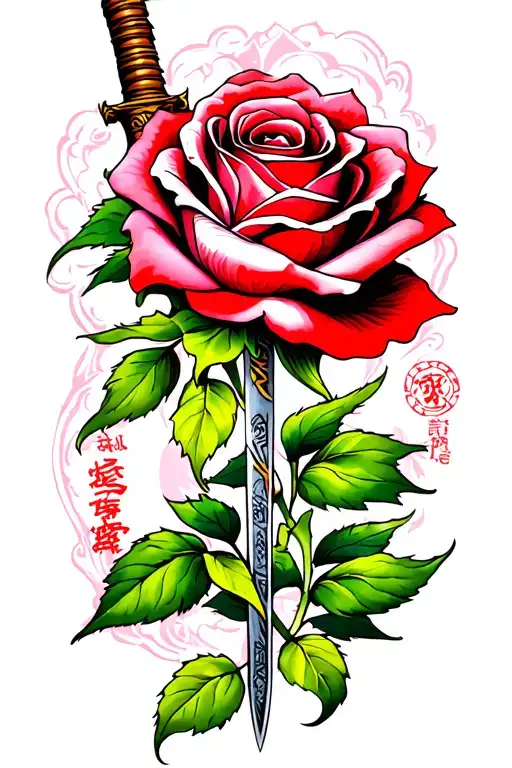 A Beautiful Hybrid Tea Rose Intertwined With A Jian Sword