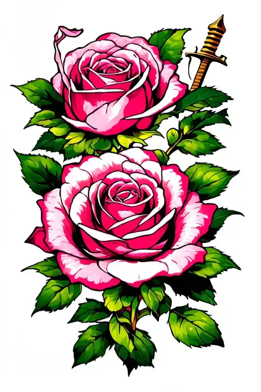 A Beautiful Hybrid Tea Rose Intertwined With A Jian Sword