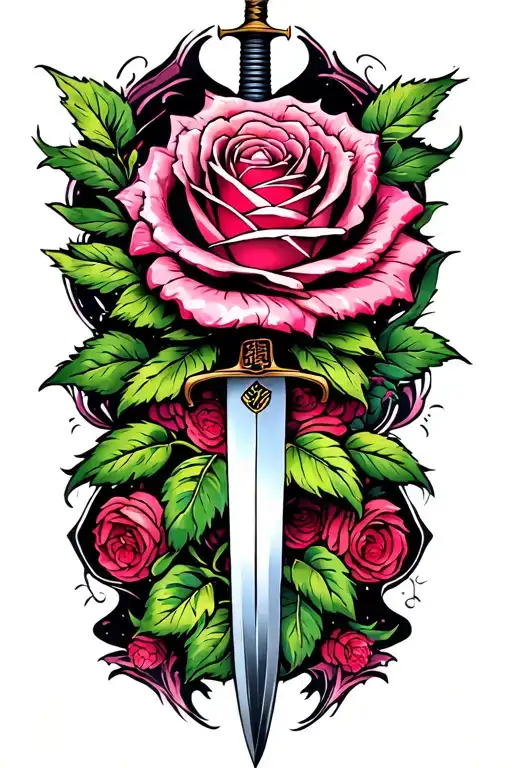 A Beautiful Hybrid Tea Rose Intertwined With A Jian Sword