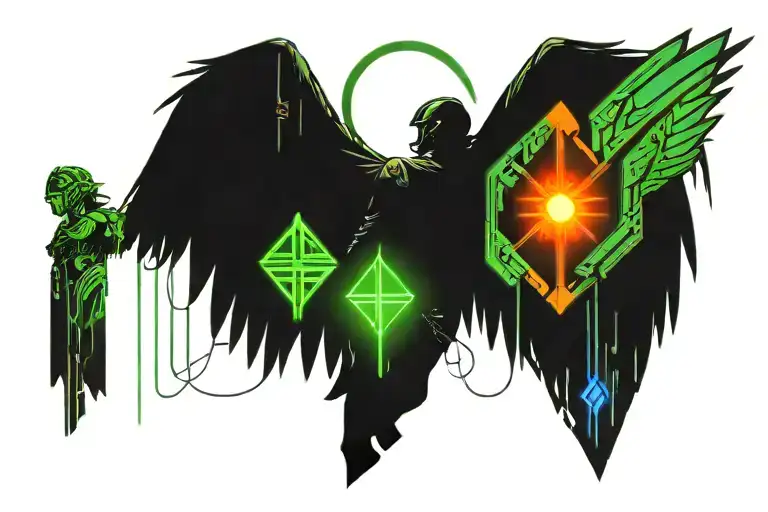 Cyberpunk Tyreal Angel Holding Warhammer With Wings Of Light With Digital Geometric Bacground