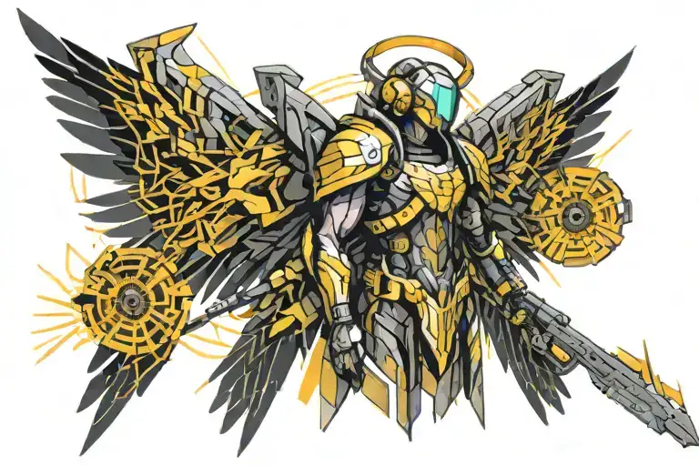 Cyberpunk Tyreal Angel Holding Warhammer With Wings Of Light With Digital Geometric Bacground