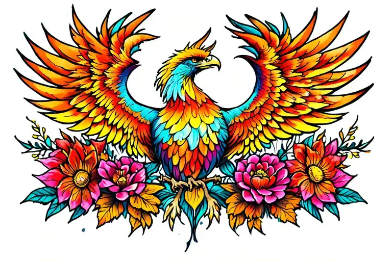 Phoenix Thigh Tattoo With Flowers