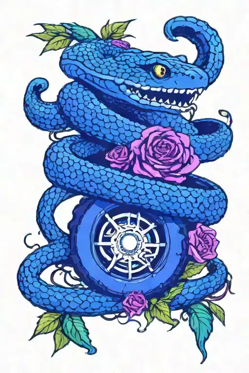 Snake Wrapped Around Snake With Rose And A Birds Wing And A Cars Tyre Wheel