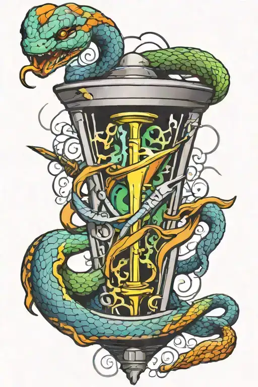 Snake Entwining An Hourglass With A Sword Penetrating The Hourglass From Above