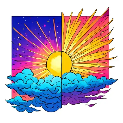 One Half Is A Sun With Rays Only And The Other Half Is Clouds Only