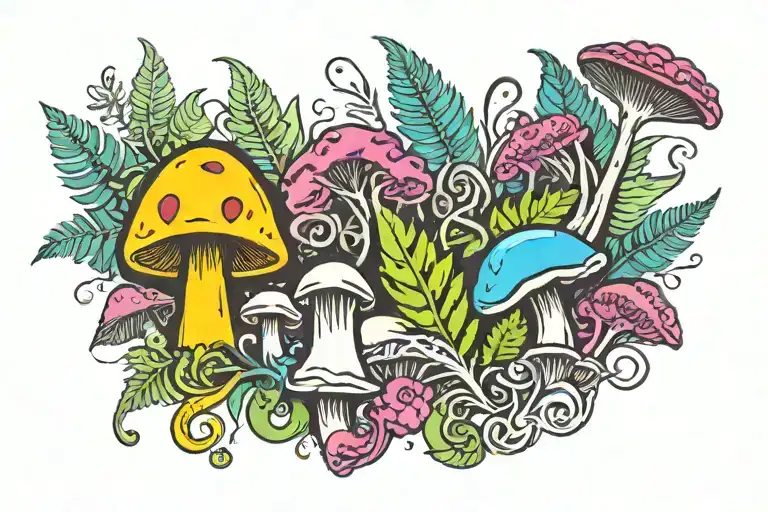 Ferns And Mushroom And Bleeding Heart