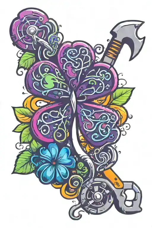 A Clover-shaped Tattoo Incorporating Various Tools To Symbolize The Client's Passion For Their Trade