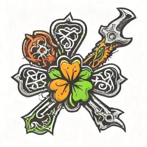 A Clover-shaped Tattoo Incorporating Various Tools To Symbolize The Client's Passion For Their Trade