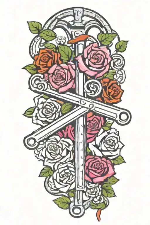 Pipe Wrench With Roses And Clovers
