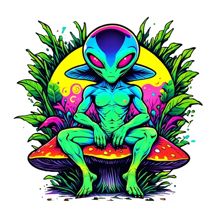 Psychedelic Alien Sitting On A Mushroom