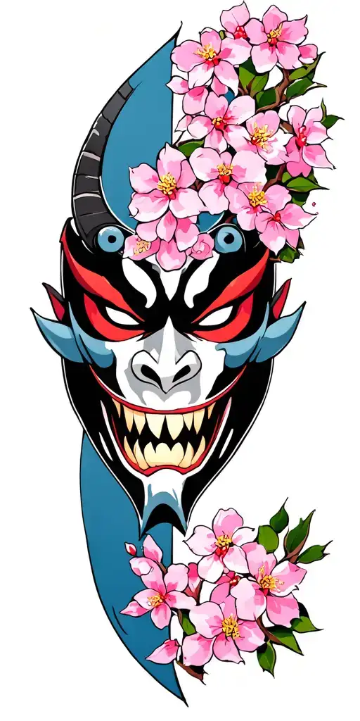 Half Oni Mask With Cherry Blossom Tree