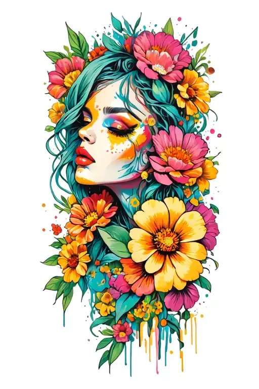 Sexy Female Face Covered In Flowers Blooming