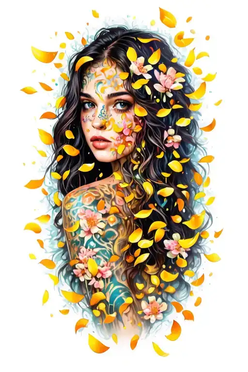 Sexy Female Face Covered In Blossom Petals Falling