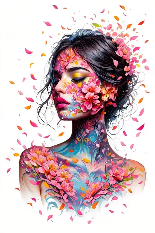 Sexy Female Face Covered In Blossom Petals Falling