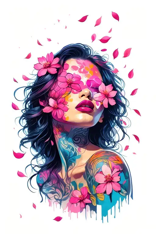 Sexy Female Face Covered In Blossom Petals Falling