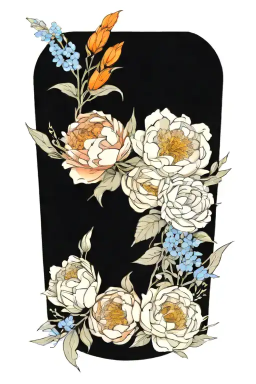 A Peony And Larkspur Bouquet Intertwined With Paintbrushes And Splashes Of Orange Paint