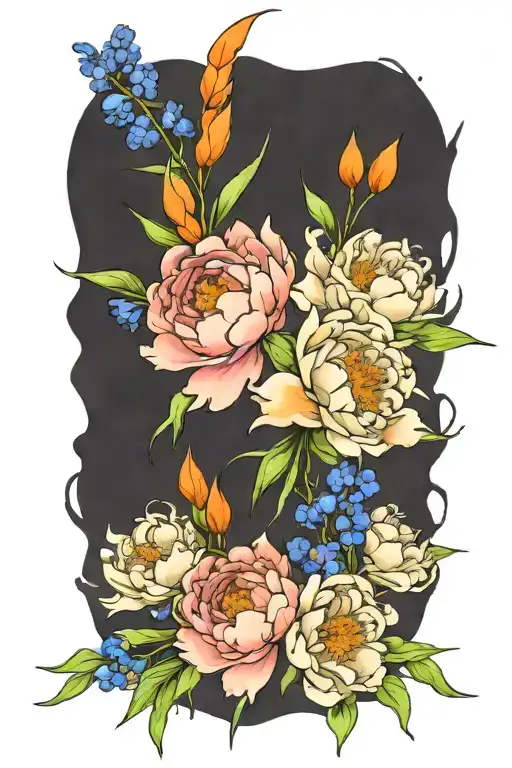 A Peony And Larkspur Bouquet Intertwined With Paintbrushes And Splashes Of Orange Paint