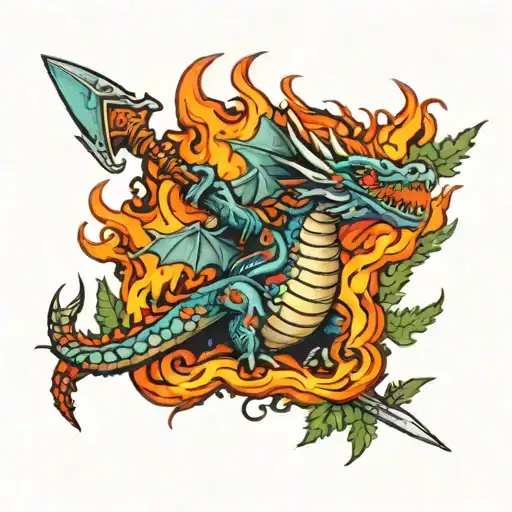 Spruce Trees On Fire With A Dragon Getting Stabbed In The Heart With A Sword