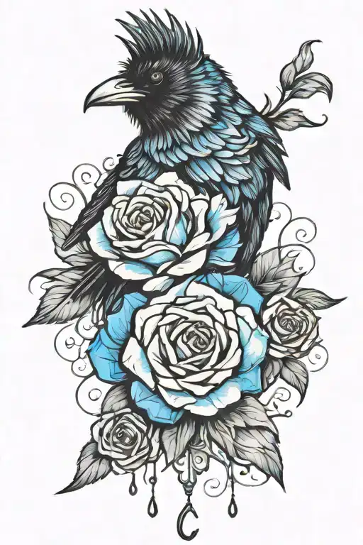 Raven Wearing Crown With Blue Rose And Skull
