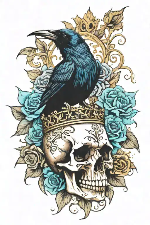 Raven Wearing Crown With Blue Rose And Skull