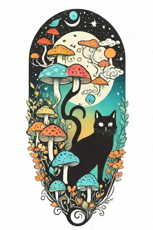 Black Cat And Trippy Colorful Mushrooms With Moon