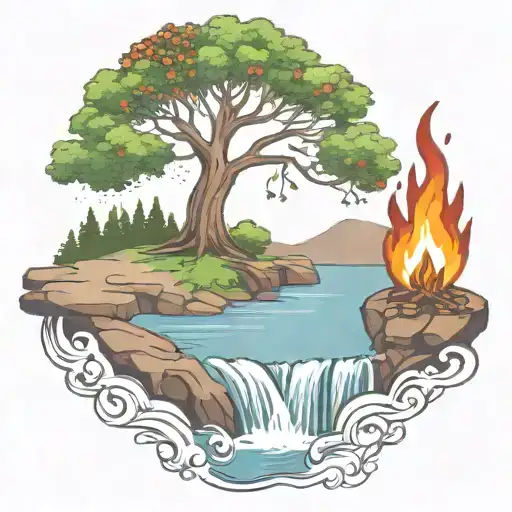 A Rowan Berry Tree And A Campfire Beside A River Waterfalling Down The Front