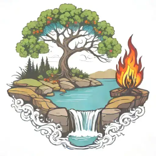 A Rowan Berry Tree And A Campfire Beside A River Waterfalling Down The Front