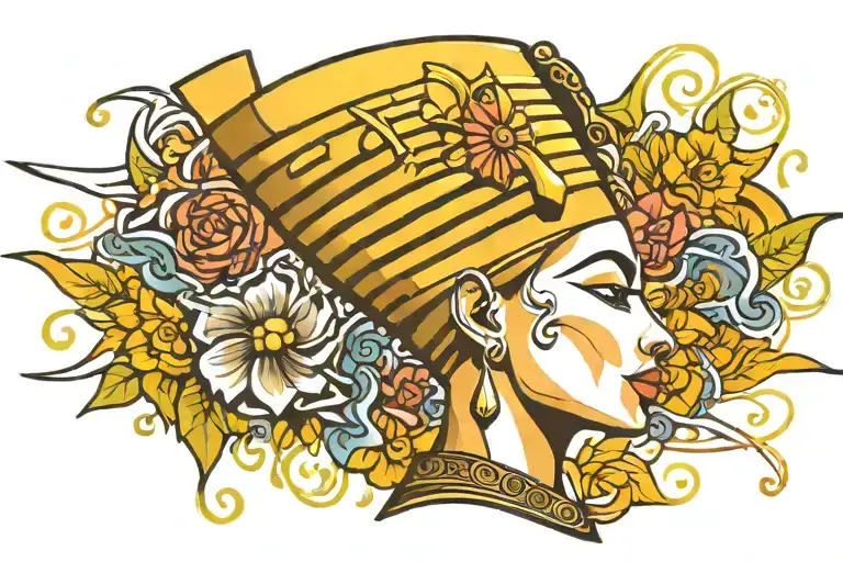 Nefertiti Side View With Sun And Flowers