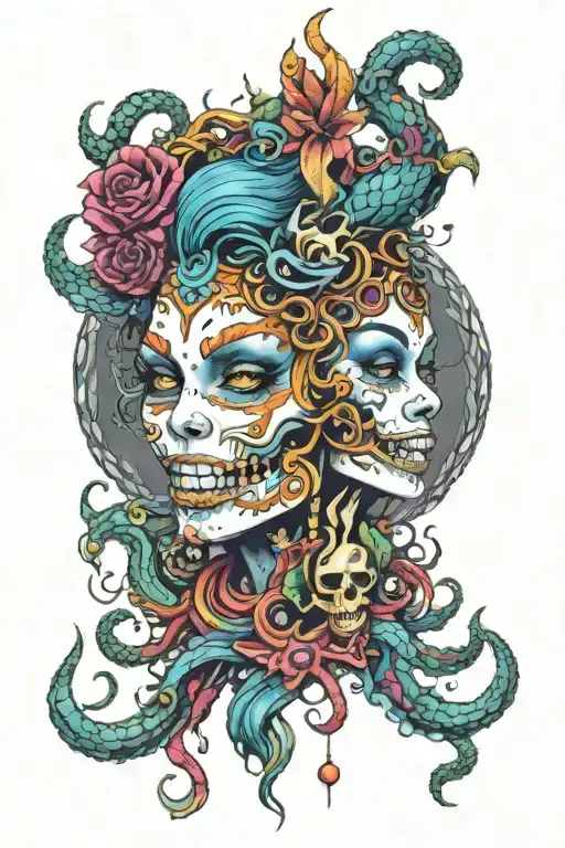 Mythical Goddess Face Having Sharp Teeth And Tentacles And Skull Necklace Having Cosmic Knowledge