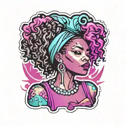 Patch-style Tattoo Stencil Of A Black Woman With Meatballs For Hair