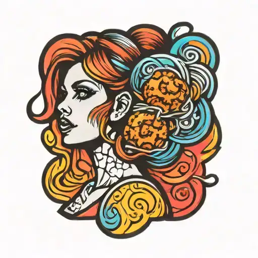Patch-style Tattoo Stencil Of A Woman With Meatballs For Hair