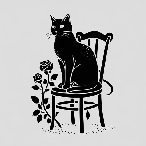 A black cat sitting on a chair with roses next to him