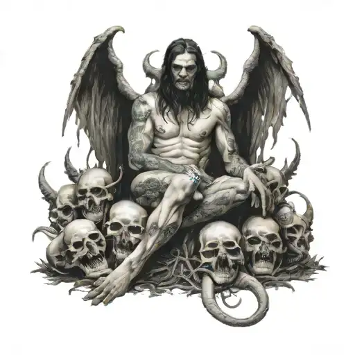 Demon Seated On Thrown Of Skulls With A Sexy Partially Nude Woman At His Side