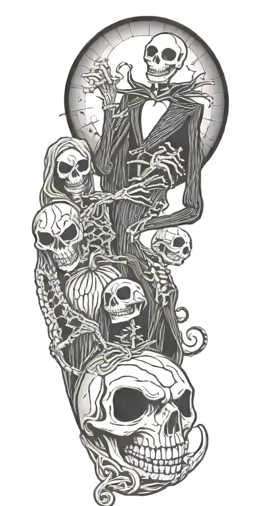 Nightmare Before Christmas With Many Skellets Brutal Tattoo With Jack And Dally On Arm