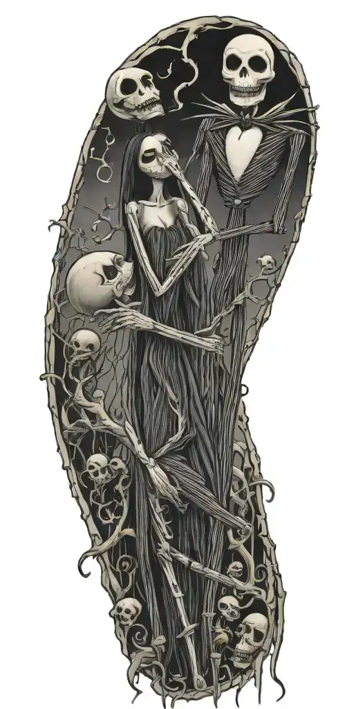 Nightmare Before Christmas With Many Skellets Brutal Tattoo With Jack And Sally On Arm