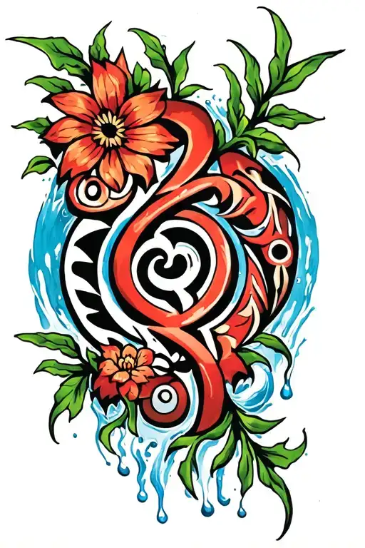 Taino Tribal Symbol Intertwined With Vines And Flowers And Water